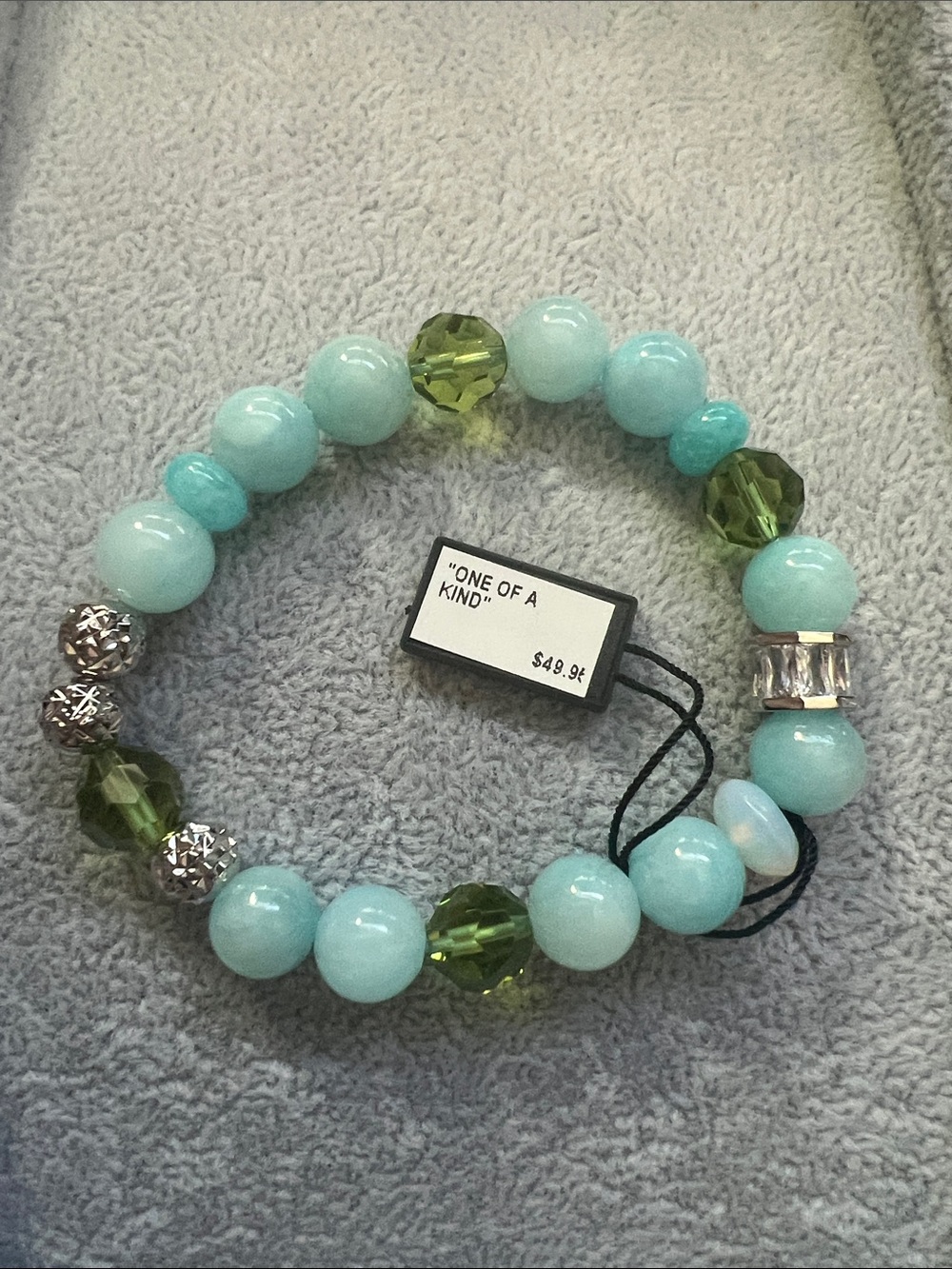 One of a Kind Aqua and Olive Beaded Stretch Bracelet